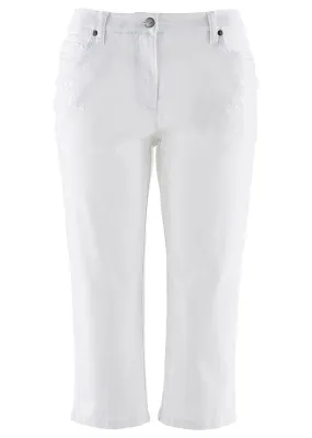 Pantalón capri de algodón con cintura cómoda y aberturas laterales Blanco