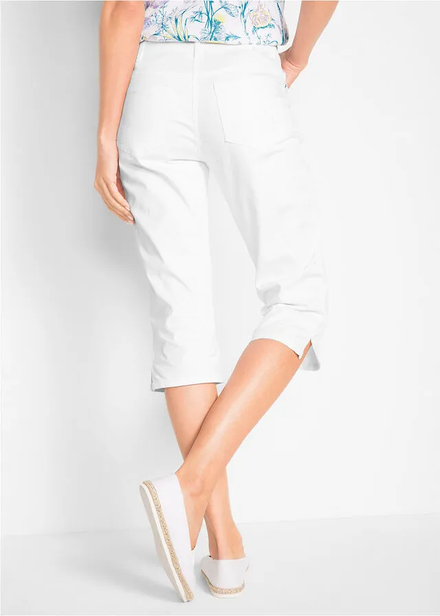 Pantalón capri de algodón con cintura cómoda y aberturas laterales Blanco