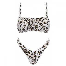 Pleated Suspender Swimsuit Sexy Leopard Print Bikini Women's Chinlon 2-piece, Suitable for Small Chest (L)